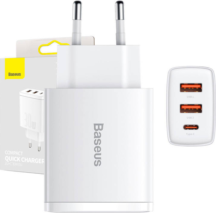 Baseus Compact fast charger 2x USB / USB Type C 30W 3A Power Delivery Quick Charge white (CCXJ-E02)