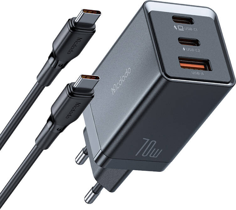 GaN Mcdodo CH-1543 síťová nabíječka, 2x USB-C, 1x USB, 67W + kabel USB-C na USB-C 2m (černý)