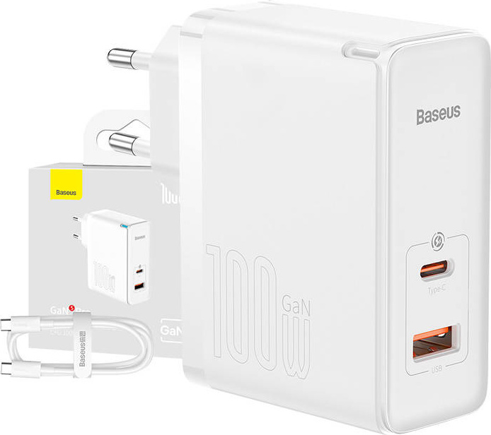 Nástěnná nabíječka Baseus GaN5 Pro USB-C + USB, 100W + 1m kabel (bílá)