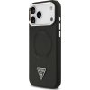 Guess Pouzdro Magsafe z PU kůže s trojúhelníkovým logem, stříbrné, kovové, s rámečkem pro fotoaparát, pro iPhone 17 Pro, černé