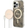 Sada Guess GUBPP13LH4EACSW puzdro + nabíjačka pre iPhone 13 Pro hnedé/hnedé pevné puzdro 4G Print MagSafe