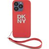 DKNY PU Leather Stack Logo Wrist Strap Zadní Kryt pro iPhone 14 Pro Red