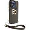 DKNY PU Leather Stack Logo Wrist Strap Zadní Kryt pro iPhone 14 Pro Brown