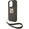 DKNY PU Leather Stack Logo Wrist Strap Zadní Kryt pro iPhone 14 Pro Brown