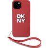 DKNY PU Leather Stack Logo Wrist Strap Zadní Kryt pro iPhone 14 Red