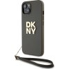 DKNY PU Leather Stack Logo Wrist Strap Zadní Kryt pro iPhone 14 Brown