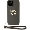 DKNY PU Leather Stack Logo Wrist Strap Zadní Kryt pro iPhone 14 Brown