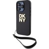 DKNY PU Leather Stack Logo Wrist Strap Zadní Kryt pro iPhone 15 Pro Max Black