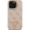 Guess PU 4G Strass Triangle Logo Stand Camera Frame MagSafe Zadní Kryt pro iPhone 15 Pro Max Pink