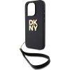 DKNY PU Leather Stack Logo Wrist Strap Zadní Kryt pro iPhone 15 Pro Black