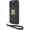 DKNY PU Leather Stack Logo Wrist Strap Zadní Kryt pro iPhone 15 Pro Brown