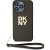 DKNY PU Leather Stack Logo Wrist Strap Zadní Kryt pro iPhone 15 Pro Brown