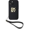 DKNY PU Leather Stack Logo Wrist Strap Zadní Kryt pro iPhone 15 Black