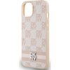 DKNY PU Leather Checkered Pattern and Stripe Zadný Kryt pre iPhone 15 Pink