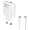 GaN Dudao A30EUT 30W USB-A / USB-C nástenná nabíjačka + USB-C - USB-C kábel - biela