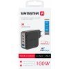 SWISSTEN SIEŤOVÝ ADAPTÉR GaN 3x USB-C 100W PD + 1x USB-A 18W QC ČIERNY