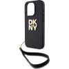 DKNY PU Leather Stack Logo Wrist Strap Zadný Kryt pre iPhone 14 Pro Max Black