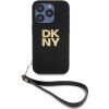 DKNY PU Leather Stack Logo Wrist Strap Zadný Kryt pre iPhone 14 Pro Max Black