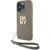 DKNY PU Leather Stack Logo Wrist Strap Zadní Kryt pro iPhone 14 Pro Max Beige
