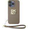 DKNY PU Leather Stack Logo Wrist Strap Zadný Kryt pre iPhone 14 Pro Max Beige