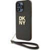 DKNY PU Leather Stack Logo Wrist Strap Zadný Kryt pre iPhone 14 Pro Max Brown