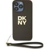DKNY PU Leather Stack Logo Wrist Strap Zadní Kryt pro iPhone 14 Pro Max Brown