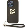 DKNY PU Leather Stack Logo Wrist Strap Zadný Kryt pre iPhone 14 Pro Max Brown