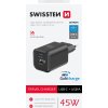 SWISSTEN SÍŤOVÝ ADAPTÉR GaN 1x USB-C 45W PD + 1x USB-A 18W QC ČERNÝ