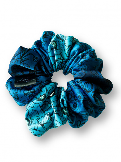 Saténová gumička scrunchie bohatá Autorský originální design Máky v královské modré 11