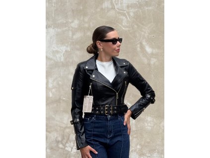 Dámska kožená bunda ARABELLA čierna / béžová – predný pohľad