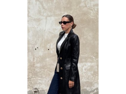 Čierny Dámsky Kožený Plášť so Zlatými Gombíkmi (jar/jeseň)