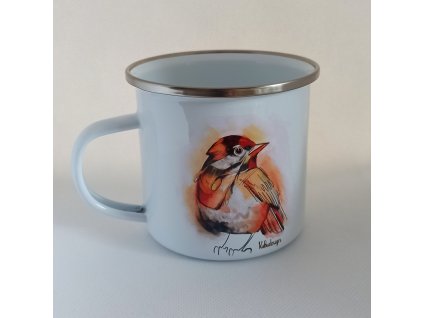 Plechový hrneček červenožlutý pták