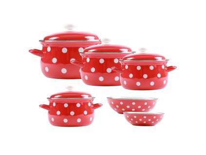 BELIS súprava smaltovaných hrncov červených s bielymi bodkami, 10 ks