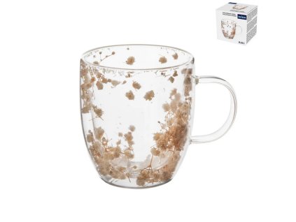 Hrnček dvojstenné borosil. sklo DOUBLE 0 35 l kvety béžový