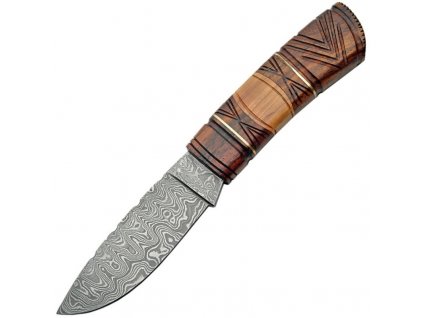 Damascus Fixed Blade Carved Wood Handle