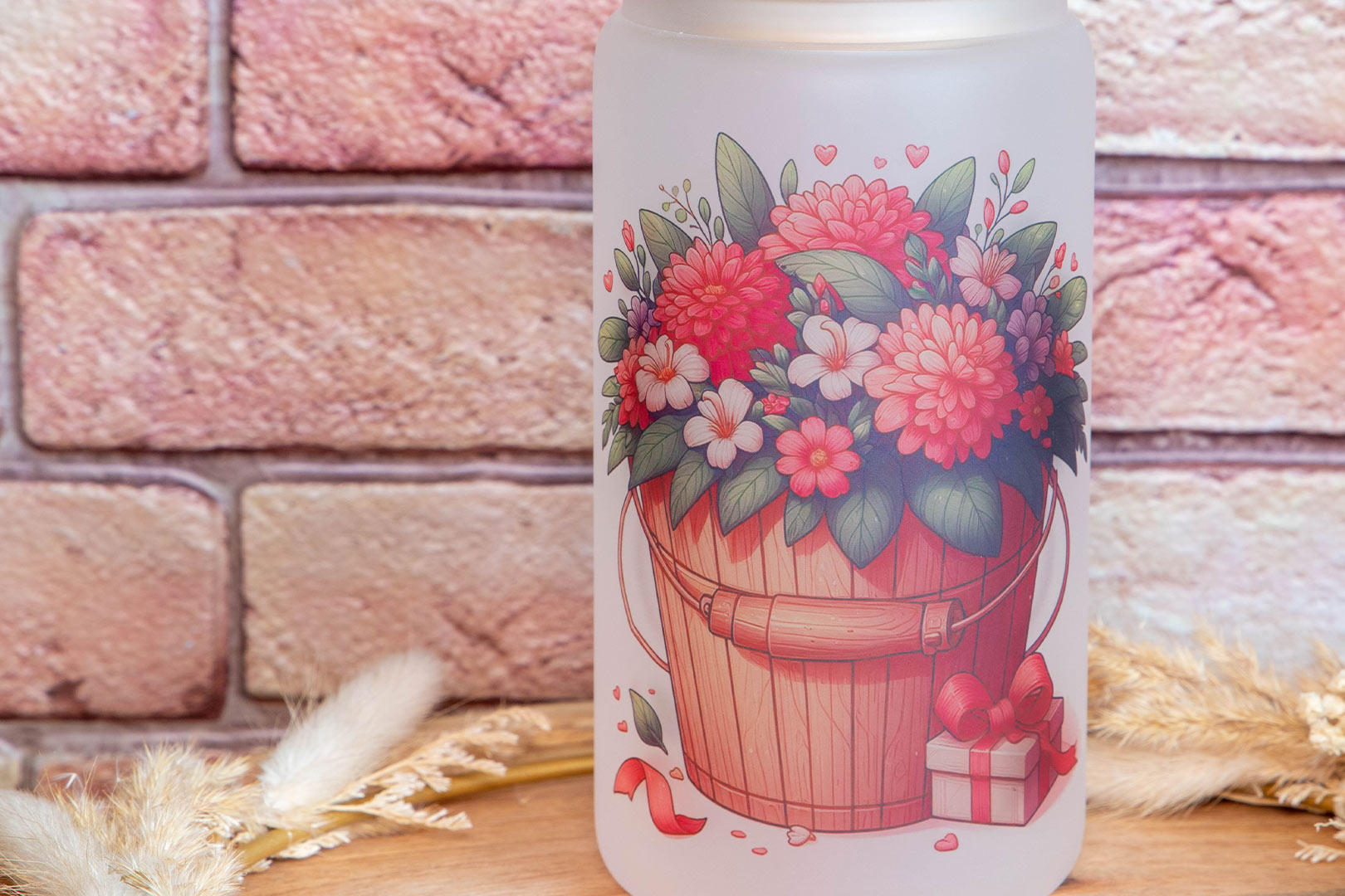 Matná frosted sklenice KudrnkaART – květiny, 550 ml