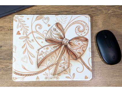 Klasická podložka pod myš v originálním designu KudrnkaART. Motiv: ornamenty s mašlí na bílém podkladu