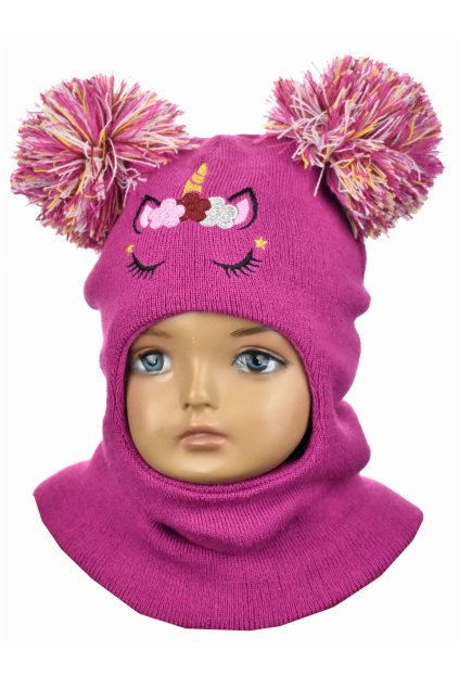 Detská kukla s 2 brmbolcami a výšivkou jednorožca fuksia 56