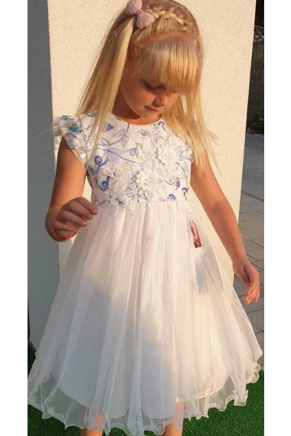 La Dora dievčenske šaty biele s modrými flitrami a čelenkou