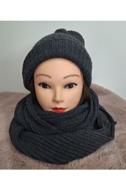 damsky komplet ciapka a sal tmavo sivy