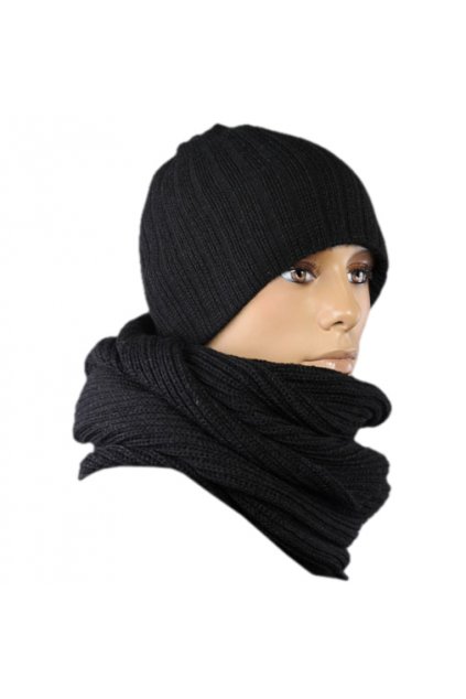 Pánsky komplet čiapka extra hrubá a šál nekonečný čierna 012