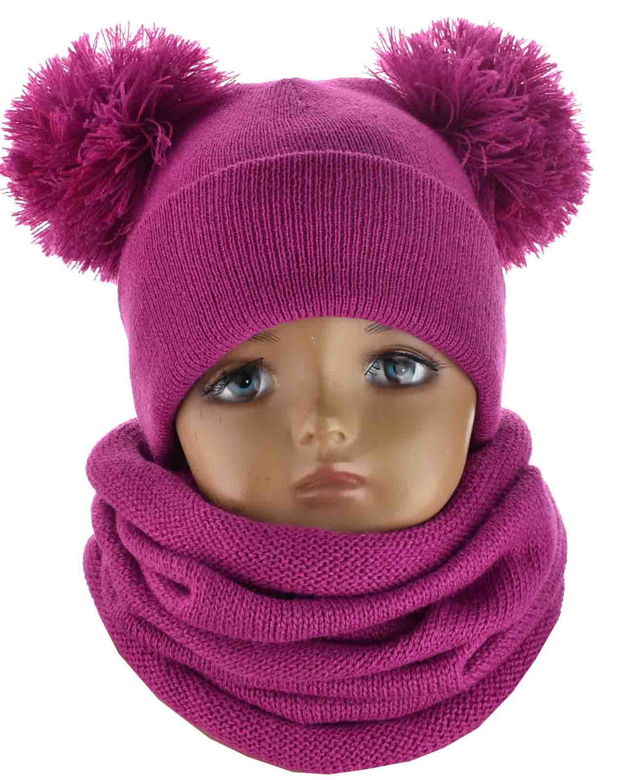 Detský komplet čiapka s 2 bmbolcami a tunelový šál fuksia
