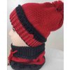Zateplený komplet čiapka a šál tunelový červeno čierny s brmbolcom
