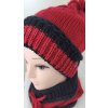 Zateplený komplet čiapka a šál tunelový červeno čierny s brmbolcom