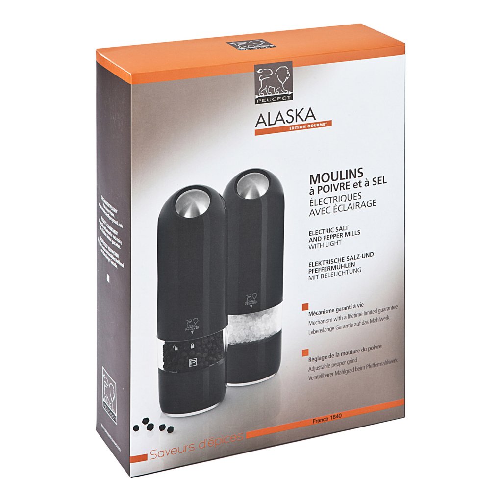 Salz- und Pfeffermühle Set elektrisch ALASKA, Geschenkbox, schwarz, Peugeot