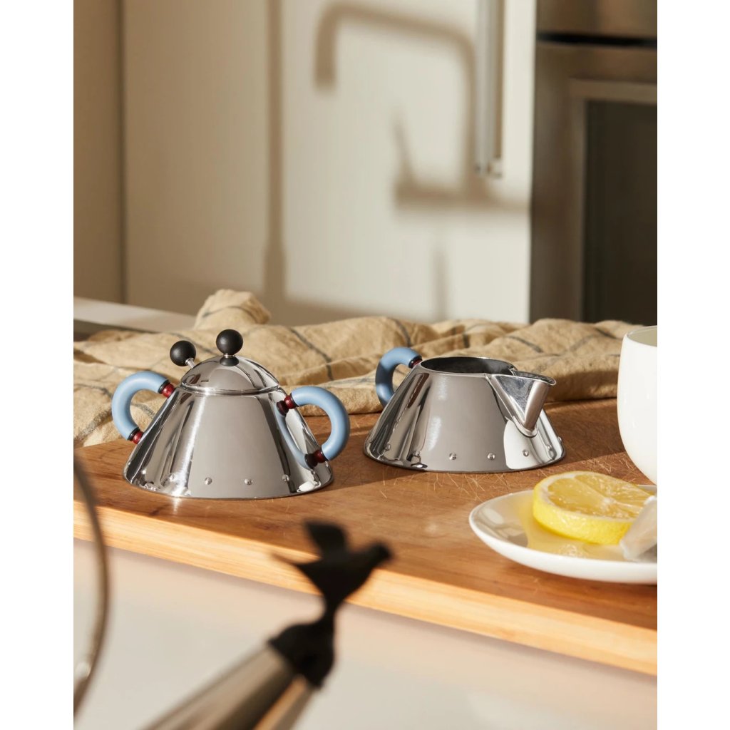 Zuckerdose 9097, mit Löffel, Silber/Blau, Alessi,