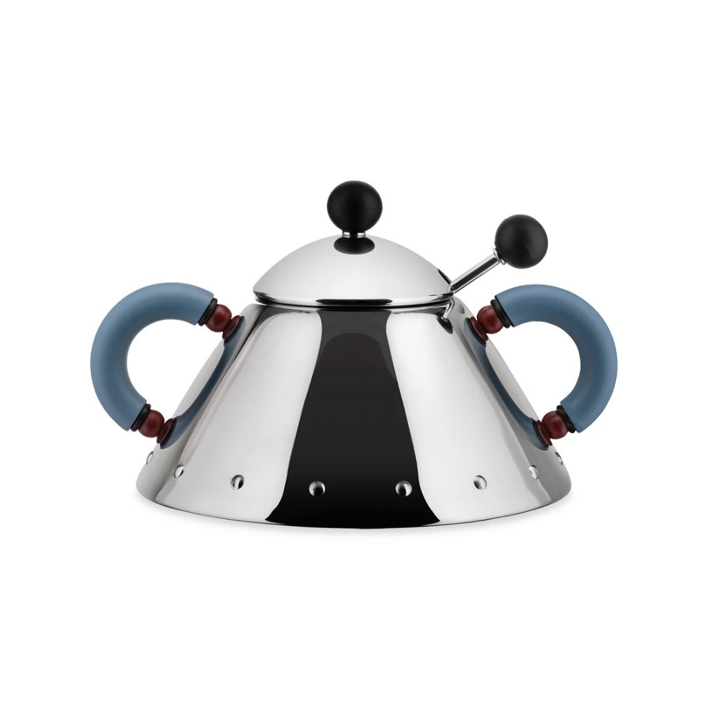 Zuckerdose 9097, mit Löffel, Silber/Blau, Alessi,