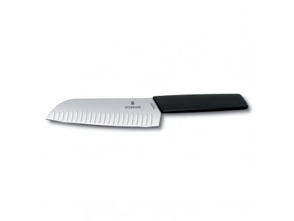 Santoku Messer SWISS MODERN 17 cm, mit ovalen Rillen, schwarz, Victorinox