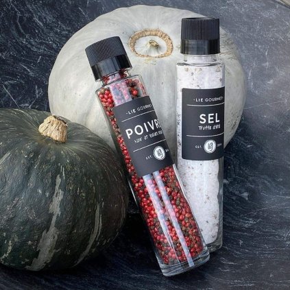 Geschenkset, Trüffelsalz und schwarzer / rosa Pfeffer, Mühle, Lie Gourmet