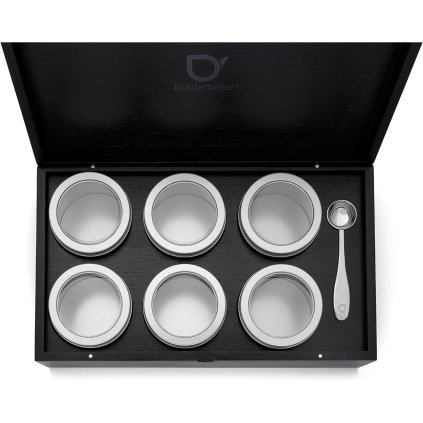 Teebox für losen Tee 36 x 21 cm, mit 6 Dosen und Messlöffel, schwarz, Bambus, Bredemeijer